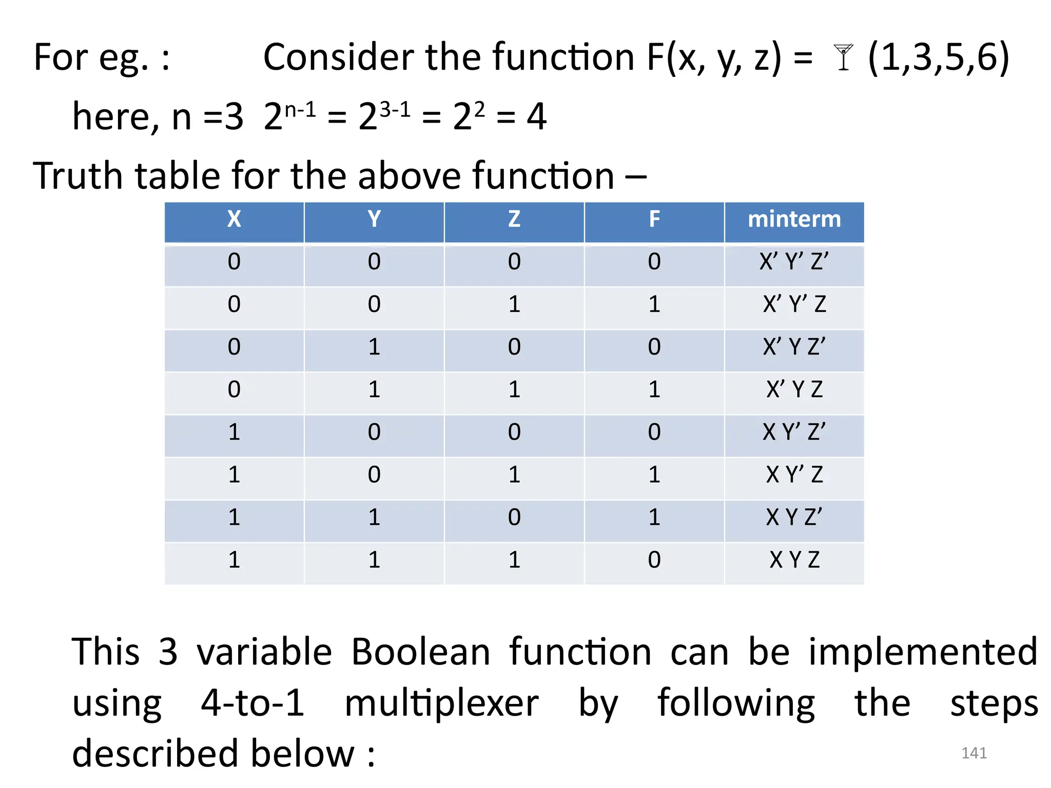141
For eg. : Consider the function F(x, y, z) = (1,3,5,6)
here, n =3 2n-1
= 23-1
= 22
= 4
Truth table for the above function –
This 3 variable Boolean function can be implemented
using 4-to-1 multiplexer by following the steps
described below :
X Y Z F minterm
0 0 0 0 X’ Y’ Z’
0 0 1 1 X’ Y’ Z
0 1 0 0 X’ Y Z’
0 1 1 1 X’ Y Z
1 0 0 0 X Y’ Z’
1 0 1 1 X Y’ Z
1 1 0 1 X Y Z’
1 1 1 0 X Y Z
 