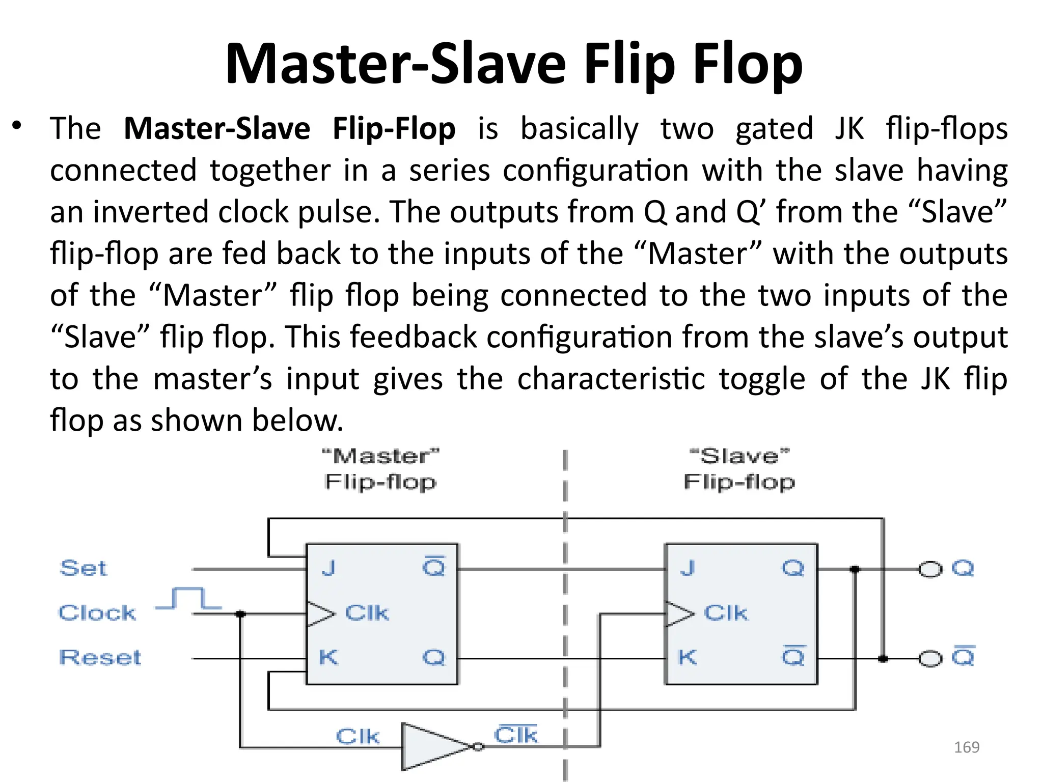 169
Master-Slave Flip Flop
• The Master-Slave Flip-Flop is basically two gated JK flip-flops
connected together in a series configuration with the slave having
an inverted clock pulse. The outputs from Q and Q’ from the “Slave”
flip-flop are fed back to the inputs of the “Master” with the outputs
of the “Master” flip flop being connected to the two inputs of the
“Slave” flip flop. This feedback configuration from the slave’s output
to the master’s input gives the characteristic toggle of the JK flip
flop as shown below.
 