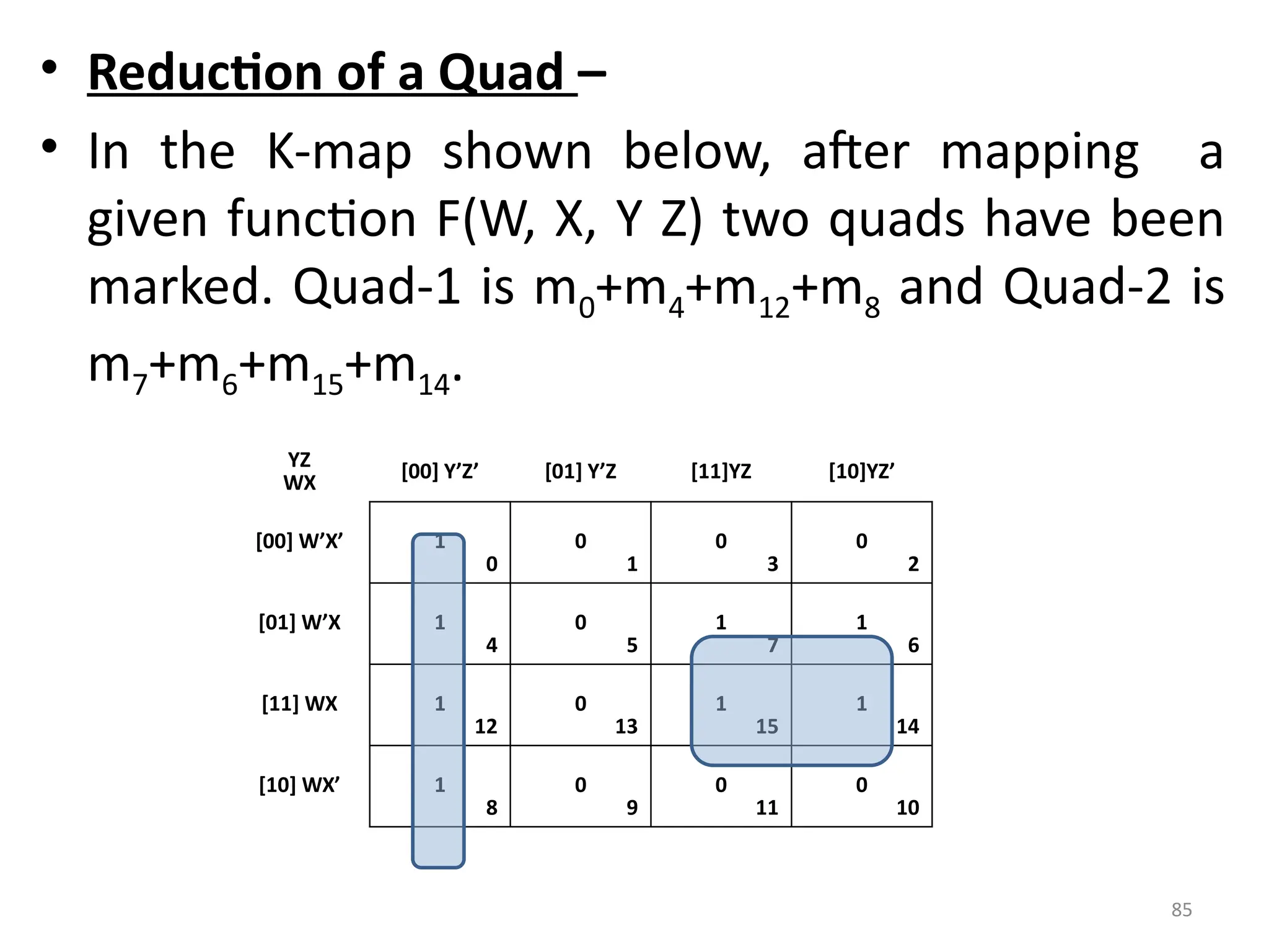 85
• Reduction of a Quad –
• In the K-map shown below, after mapping a
given function F(W, X, Y Z) two quads have been
marked. Quad-1 is m0+m4+m12+m8 and Quad-2 is
m7+m6+m15+m14.
YZ
WX [00] Y’Z’ [01] Y’Z [11]YZ [10]YZ’
[00] W’X’ 1
0
0
1
0
3
0
2
[01] W’X 1
4
0
5
1
7
1
6
[11] WX 1
12
0
13
1
15
1
14
[10] WX’ 1
8
0
9
0
11
0
10
 