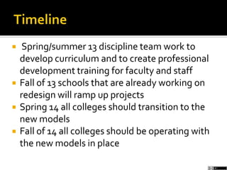  Spring/summer 13 discipline team work to
develop curriculum and to create professional
development training for faculty and staff
 Fall of 13 schools that are already working on
redesign will ramp up projects
 Spring 14 all colleges should transition to the
new models
 Fall of 14 all colleges should be operating with
the new models in place
 