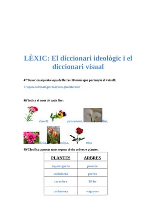 LÈXIC: El diccionari ideològic i el
       diccionari visual
47/Busac en aquesta sopa de lletres 10 noms que partanyin el vaixell:

Fragata,submari,portaavions,guardacoste



48/Indica el nom de cada flor:




           clavell,                pensament,               lliri,




           dàlia,          tulipa,              rosa

49/Clasifica aquests mots segons si són arbres o plantes:

                      PLANTES                   ARBRES
                      esparreguera               pomera

                       meduixera                 perera

                       carxofera                 Til·ler


                       carbassera               magraner
 