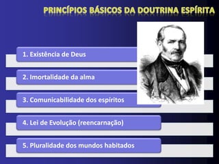 1. Existência de Deus


2. Imortalidade da alma


3. Comunicabilidade dos espíritos


4. Lei de Evolução (reencarnação)


5. Pluralidade dos mundos habitados
 