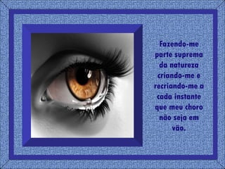 Fazendo-me parte suprema da natureza criando-me e recriando-me a cada instante que meu choro não seja em vão. 