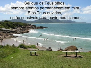 Sei que os Teus olhos,  sempre atentos permanecem em mim. E os Teus ouvidos,  estão sensíveis para ouvir meu clamor. 