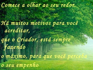 Comece a olhar ao seu redor. Há muitos motivos para você acreditar, que o Criador, está sempre fazendo  o máximo, para que você perceba  o seu empenho   