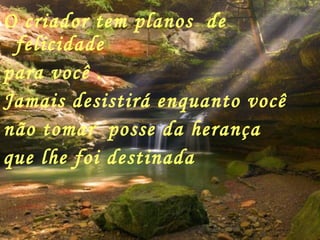 O criador tem planos  de felicidade  para você .  Jamais desistirá enquanto você  não tomar  posse da herança  que lhe foi destinada 
