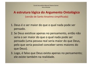 Escola	
  Secundária	
  Manuel	
  Teixeira	
  Gomes	
  
                                           Aires	
  Almeida	
  


   A	
  estrutura	
  lógica	
  do	
  Argumento	
  Ontológico	
  
                 (versão	
  de	
  Santo	
  Anselmo	
  simpliﬁcada)	
  


1.	
  Deus	
  é	
  o	
  ser	
  maior	
  do	
  que	
  o	
  qual	
  nada	
  pode	
  ser	
  
      pensado.	
  
2.	
  Se	
  Deus	
  exisGsse	
  apenas	
  no	
  pensamento,	
  então	
  não	
  
      seria	
  o	
  ser	
  maior	
  do	
  que	
  o	
  qual	
  nada	
  pode	
  ser	
  
      pensado	
  (uma	
  pessoa	
  real	
  seria	
  maior	
  do	
  que	
  Deus,	
  
      pelo	
  que	
  seria	
  possível	
  conceber	
  seres	
  maiores	
  do	
  
      que	
  Deus).	
  
3.	
  Logo,	
  é	
  falso	
  que	
  Deus	
  exista	
  apenas	
  no	
  pensamento;	
  
      ele	
  existe	
  também	
  na	
  realidade.	
  
                                                   Deus	
                            34	
  
 
