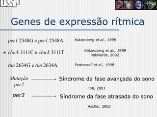 Genes de expressão rítmica
  per1 2548G e per1 2548A      Katzenberg et al., 1999


                                    Katzenberg et al., 1998
* clock 3111C e clock 3111T            Robiliards, 2002


  tim 2634G e tim 2634A        Pedrazzoli et al., 1998



  Mutação                 Síndrome da fase avançada do sono
   per2
                                      Toh, 2001

    per3                  Síndrome da fase atrasada do sono
                                      Ascher, 2003
 