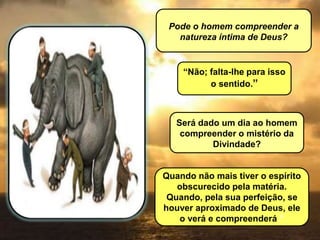 Pode o homem compreender a
natureza íntima de Deus?
Será dado um dia ao homem
compreender o mistério da
Divindade?
“Não; falta-lhe para isso
o sentido.”
Quando não mais tiver o espírito
obscurecido pela matéria.
Quando, pela sua perfeição, se
houver aproximado de Deus, ele
o verá e compreenderá.”
 