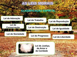 CLASSIFICAÇÃO ESPÍRITA:
Lei de Adoração
Lei do Trabalho
Lei de
Conservação
Lei de Reprodução
Lei de Destruição
Lei de Igualdade
Lei da Liberdade
Lei do Progresso
Lei de Sociedade
Lei de Justiça,
de Amor e
de Caridade
 