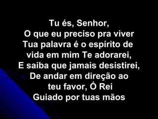 Tu és, Senhor,Tu és, Senhor,
O que eu preciso pra viverO que eu preciso pra viver
Tua palavra é o espírito deTua palavra é o espírito de
vida em mim Te adorarei,vida em mim Te adorarei,
E saiba que jamais desistirei,E saiba que jamais desistirei,
De andar em direção aoDe andar em direção ao
teu favor, Ó Reiteu favor, Ó Rei
Guiado por tuas mãosGuiado por tuas mãos
 