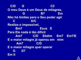C/D
G
C2
O meu Deus é um Deus de milagres,
G
B7
Em
Não há limites para o Seu poder agir
C
D/C
Realiza o impossível,
Bm7
Esus E
Para Ele nada é tão difícil
Am7
C/D Ebdim Em7
E o maior milagre já operou em mim
Am7
C/D
E o maior milagre quer operar
G
D7
Em ti

Em7/E

 