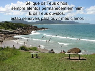 Sei que os Teus olhos,  sempre atentos permanecem em mim. E os Teus ouvidos,  estão sensíveis para ouvir meu clamor. 