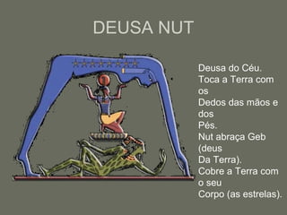 DEUSA NUT
Deusa do Céu.
Toca a Terra com
os
Dedos das mãos e
dos
Pés.
Nut abraça Geb
(deus
Da Terra).
Cobre a Terra com
o seu
Corpo (as estrelas).
 