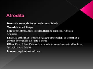 Deusa do amor, da beleza e da sexualidade 
MoradaMonte Olimpo 
Cônjuge:Hefesto, Ares, Posidão,Hermes, Dionísio, Adônis e 
Anquises 
Pais:não definidos, pois ela nasceu dos testiculos de conos e 
gerada dos ventos do leste e oeste 
Filhos:Eros, Fobos, Deimos,Harmonia, Anteros,Hermafrodito, Eryx, 
Tyche,Príapo e Eneias 
Romano equivalente:Vênus 
 