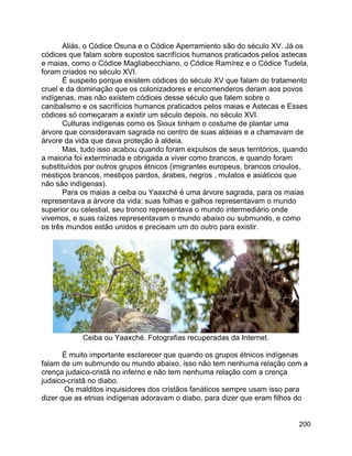 200
Aliás, o Códice Osuna e o Códice Aperramiento são do século XV. Já os
códices que falam sobre supostos sacrifícios humanos praticados pelos astecas
e maias, como o Códice Magliabecchiano, o Códice Ramírez e o Códice Tudela,
foram criados no século XVI.
É suspeito porque existem códices do século XV que falam do tratamento
cruel e da dominação que os colonizadores e encomenderos deram aos povos
indígenas, mas não existem códices desse século que falem sobre o
canibalismo e os sacrifícios humanos praticados pelos maias e Astecas e Esses
códices só começaram a existir um século depois, no século XVI.
Culturas indígenas como os Sioux tinham o costume de plantar uma
árvore que consideravam sagrada no centro de suas aldeias e a chamavam de
árvore da vida que dava proteção à aldeia.
Mas, tudo isso acabou quando foram expulsos de seus territórios, quando
a maioria foi exterminada e obrigada a viver como brancos, e quando foram
substituídos por outros grupos étnicos (imigrantes europeus, brancos crioulos,
mestiços brancos, mestiços pardos, árabes, negros , mulatos e asiáticos que
não são indígenas).
Para os maias a ceiba ou Yaaxché é uma árvore sagrada, para os maias
representava a árvore da vida: suas folhas e galhos representavam o mundo
superior ou celestial, seu tronco representava o mundo intermediário onde
vivemos, e suas raízes representavam o mundo abaixo ou submundo, e como
os três mundos estão unidos e precisam um do outro para existir.
Ceiba ou Yaaxché. Fotografias recuperadas da Internet.
É muito importante esclarecer que quando os grupos étnicos indígenas
falam de um submundo ou mundo abaixo, isso não tem nenhuma relação com a
crença judaico-cristã no inferno e não tem nenhuma relação com a crença
judaico-cristã no diabo.
Os malditos inquisidores dos cristãos fanáticos sempre usam isso para
dizer que as etnias indígenas adoravam o diabo, para dizer que eram filhos do
 