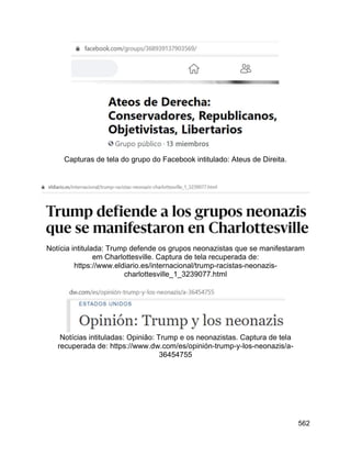 562
Capturas de tela do grupo do Facebook intitulado: Ateus de Direita.
Notícia intitulada: Trump defende os grupos neonazistas que se manifestaram
em Charlottesville. Captura de tela recuperada de:
https://www.eldiario.es/internacional/trump-racistas-neonazis-
charlottesville_1_3239077.html
Notícias intituladas: Opinião: Trump e os neonazistas. Captura de tela
recuperada de: https://www.dw.com/es/opinión-trump-y-los-neonazis/a-
36454755
 