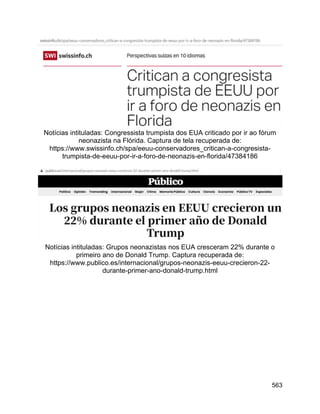 563
Notícias intituladas: Congressista trumpista dos EUA criticado por ir ao fórum
neonazista na Flórida. Captura de tela recuperada de:
https://www.swissinfo.ch/spa/eeuu-conservadores_critican-a-congresista-
trumpista-de-eeuu-por-ir-a-foro-de-neonazis-en-florida/47384186
Notícias intituladas: Grupos neonazistas nos EUA cresceram 22% durante o
primeiro ano de Donald Trump. Captura recuperada de:
https://www.publico.es/internacional/grupos-neonazis-eeuu-crecieron-22-
durante-primer-ano-donald-trump.html
 