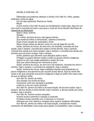 80
IXCHEL E HUN NAL YE
Oferendas que podemos oferecer a Ixchel e Hun Nal Ye: milho, goiaba,
amêndoa, frutas ou água.
Cor da vela (opcional): Branca ou Verde.
Ritual:
Invoco Ixchel e Hun Nal Ye para se manifestarem neste lugar, faça-me um
com você e conceda-me tudo o que peço a você em troca dessas oferendas de
(mencione as oferendas).
Após o ritual, oramos.
Oração:
Oh, Ixchel, senhora da lua e das águas divinas,
Sua essência brilha no firmamento, radiante e feminina,
Ouça nossa canção de veneração e amor,
Eleve nossas almas às alturas, como um voo de beija-flor em flor.
Ixchel, senhora da chuva, do arco-íris e do remédio, conceda-me boa
saúde, hoje e sempre, conceda boa saúde à minha família, hoje e sempre,
conceda boa saúde aos meus amigos, hoje e sempre, e conceda boa saúde aos
animais que convivem comigo, hoje e sempre.
Ixchel, pedimos que derrame suas bênçãos sobre a terra,
Proteger os grupos étnicos maias e todos os grupos étnicos indígenas,
Inspire-os com sua antiga sabedoria e poder de cura,
Que sua cultura floresça em harmonia e amor.
Ixchel, senhora da chuva, do arco-íris e da medicina, conceda-me amor e
carinho, hoje e sempre, e conceda-me sabedoria, hoje e sempre.
Ixchel, senhora da chuva, traga maldições àqueles que prejudicam os
povos indígenas e aos governos que causam esses danos, faça-os sentir três
vezes a dor que causaram aos povos indígenas e faça-os sofrer três vezes mais
do que os fizeram sofrer.
Hun Nal Ye, senhor do milho,
Sua energia nos enche de força,
Invocamos você com devoção e gratidão,
Junte-se a nós em nosso caminho.
Hun Nal Ye, senhor do milho e da ressurreição, dê-me boa saúde, hoje e
sempre, dê boa saúde à minha família, hoje e sempre, e dê boa saúde aos meus
amigos, hoje e sempre.
Hun Nal Ye, ilumine nossos corações,
Ilumine nossos caminhos e dissipe a confusão,
Fortalece nossa conexão com a natureza e o cosmos,
Abençoe-nos com clareza e coragem para superar qualquer dificuldade.
Hun Nal Ye, senhor do milho e da ressurreição, conceda-me muitos
momentos de felicidade e bem-estar para ajudar e compartilhar, hoje e sempre.
 