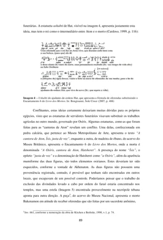 89
funerárias. A estatueta ushabti de Hat, visível na imagem 4, apresenta justamente esta
ideia, mas tem o rei como o intermediário entre Aton e o morto (Cardoso, 1999, p. 116):
Imagem 4: - Ushabti do ajudante-de-ordens Hat, que apresenta a fórmula de oferendas substituindo o
Encantamento 6 do Livro dos Mortos. In: Bongioanni, Sole Croce (2007, p. 488)
Conflitantes, estas ideias certamente deixariam muitas dúvidas para os próprios
egípcios, visto que as estatuetas de servidores funerários visavam substituir os trabalhos
agrícolas no outro mundo, governado por Osíris. Algumas estatuetas, como as que foram
feitas para as “cantoras de Aton” revelam um conflito. Uma delas, confeccionada em
pedra calcária, que pertence ao Museu Metropolitano de Arte, apresenta o texto “A
cantora de Aton, Ísis, justa de voz”, enquanto a outra, de madeira de ébano, do acervo do
Museu Britânico, apresenta o Encantamento 6 do Livro dos Mortos, onde a morta é
denominada “A Osíris, cantora de Aton, Hatsheret”. A presença do nome “Ísis”, o
epíteto “justa de voz” e a denominação de Hatsheret como “a Osíris”, além da aparência
mumiforme das duas figuras, são todos elementos osirianos. Estes deveriam ter sido
esquecidos, conforme a vontade de Akhenaton. As duas figuras não possuem uma
proveniência registrada, contudo, é provável que tenham sido encontradas em outros
locais, que escapavam de um possível controle. Poderíamos pensar que o trabalho de
exclusão das divindades levado a cabo por ordem do faraó estaria concentrado nos
templos, mas uma estela (Imagem 5) encontrada provavelmente na necrópole tebana
aponta para outra direção. A peça5
, do acervo do Museu Nacional, apresenta o morto
Bakenamon em atitude de receber oferendas que são feitas por um sacerdote anônimo,
5
Inv. 661, conforme a numeração da obra de Kitchen e Betltrão, 1990, v.1, p. 74.
 