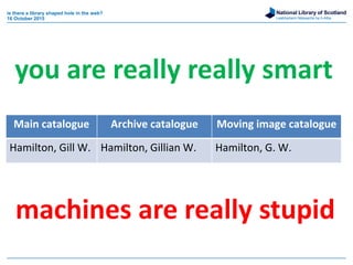 National Library of Scotland
Leabharlann Nàiseanta na h-Alba
is there a library shaped hole in the web?
16 October 2015
machines are really stupid
Main catalogue Archive catalogue Moving image catalogue
Hamilton, Gill W. Hamilton, Gillian W. Hamilton, G. W.
you are really really smart
 