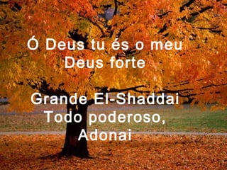 Ó Deus tu és o meu
Deus forte
Grande El-Shaddai
Todo poderoso,
Adonai
 