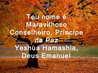 Teu nome é
Maravilhoso
Conselheiro, Príncipe
da Paz
Yeshua Hamashia,
Deus Emanuel
 