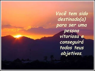 Você tem sido destinado(a) para ser uma pessoa vitoriosa e conseguirá todos teus objetivos . 