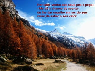 Por isso, venho aos seus pés e peço:
- Me dê a chance de acertar,
de lhe dar orgulho em ser do seu
reino,de saber o seu valor.
 