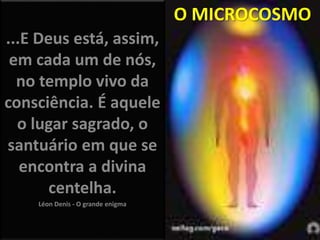 ...E Deus está, assim,
em cada um de nós,
no templo vivo da
consciência. É aquele
o lugar sagrado, o
santuário em que se
encontra a divina
centelha.
Léon Denis - O grande enigma
O MICROCOSMO
 