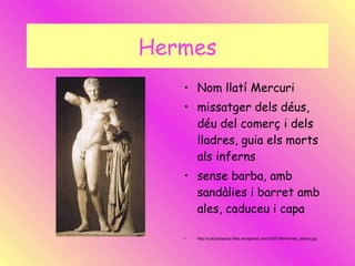 Hermes Nom llatí Mercuri missatger dels déus, déu del comerç i dels lladres, guia els morts als inferns sense barba, amb sandàlies i barret amb ales, caduceu i capa http://culturaclasica.files.wordpress.com/2007/06/hermes_statue.jpg 