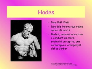 Hades Nom llatí: Plutó Déu dels inferns que regna sobre els morts  Barbut, assegut en un tron o conduint un carro, sostenint un ceptre, una cornucòpia o, acompanyat del ca Cèrber http://www.blogdemitologia.com.ar/wp-content/uploads/hades-dios-del-inframundo.jpg 