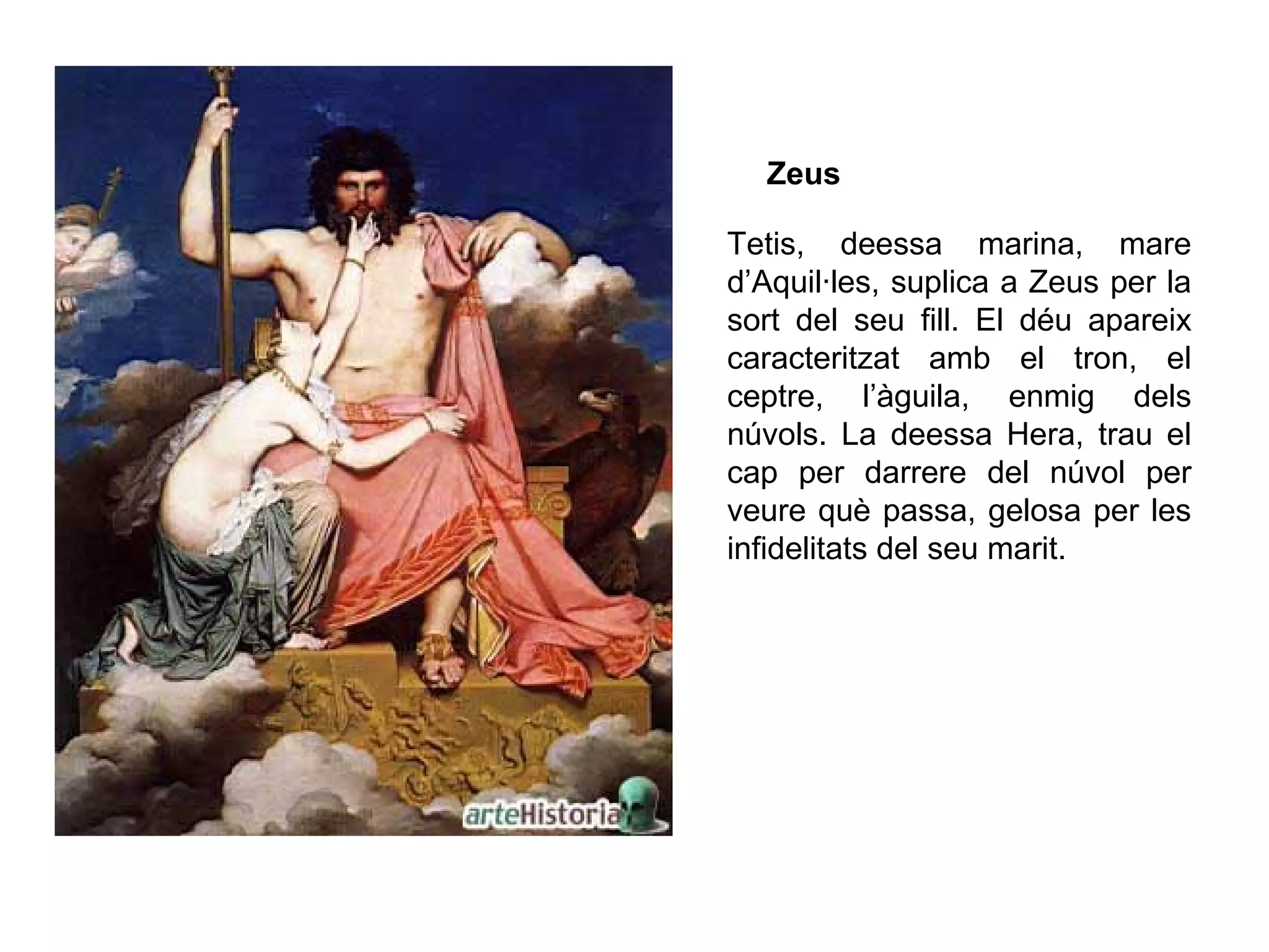Tetis, deessa marina, mare
d’Aquil·les, suplica a Zeus per la
sort del seu fill. El déu apareix
caracteritzat amb el tron, el
ceptre, l’àguila, enmig dels
núvols. La deessa Hera, trau el
cap per darrere del núvol per
veure què passa, gelosa per les
infidelitats del seu marit.
Zeus
 