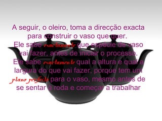 A seguir, o oleiro, toma a direcção exacta
para construir o vaso que quer.
Ele sabe exactamente que espécie de vaso
vai fazer, antes de iniciar o processo.
Ele sabe exactamente qual a altura e qual a
largura do que vai fazer, porque tem um
plano perfeito para o vaso, mesmo antes de
se sentar à roda e começar a trabalhar
 