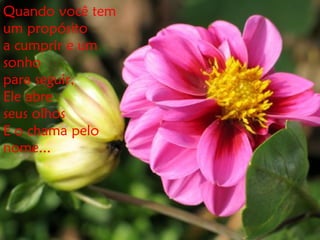 Quando você tem
um propósito
a cumprir e um
sonho
para seguir,
Ele abre
seus olhos
E o chama pelo
nome...
 