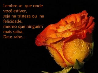 Lembre-se que onde
você estiver,
seja na tristeza ou na
felicidade,
mesmo que ninguém
mais saiba,
Deus sabe...
 