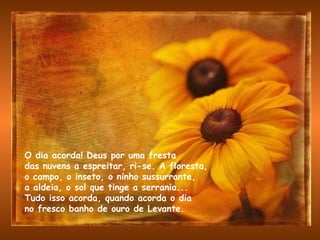 O dia acorda! Deus por uma fresta  das nuvens a espreitar, ri-se. A floresta,  o campo, o inseto, o ninho sussurrante,  a aldeia, o sol que tinge a serrania...  Tudo isso acorda, quando acorda o dia  no fresco banho de ouro de Levante.   