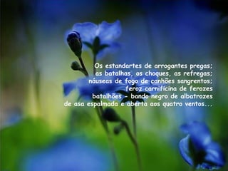Os estandartes de arrogantes pregas;  as batalhas, os choques, as refregas;  náuseas de fogo de canhões sangrentos;  feroz carnificina de ferozes  batalhões - bando negro de albatrozes  de asa espalmada e aberta aos quatro ventos...  