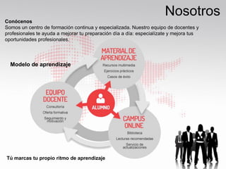 Nosotros
Conócenos
Somos un centro de formación continua y especializada. Nuestro equipo de docentes y
profesionales te ayuda a mejorar tu preparación día a día: especialízate y mejora tus
oportunidades profesionales.
Modelo de aprendizaje
Tú marcas tu propio ritmo de aprendizaje