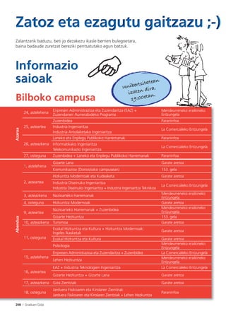 208 I Graduen Gida
24, astelehena
Enpresen Administrazioa eta Zuzendaritza (EAZ) +
Zuzendarien Aurrerabideko Programa
Mendeurreneko eraikineko
Entzungela
25, asteartea
Zuzenbidea Paraninfoa
Industria Ingeniaritza
Industria Antolaketako Ingeniaritza
La Comercialeko Entzungela
26, asteazkena
Laneko eta Enplegu Publikoko Harremanak Paraninfoa
Informatikako Ingeniaritza
Telekomunikazio Ingeniaritza
La Comercialeko Entzungela
27, osteguna Zuzenbidea + Laneko eta Enplegu Publikoko Harremanak Paraninfoa
1, astelehena
Gizarte Lana Garate aretoa
Komunikazioa (Donostiako campusean) 153. gela
2, asteartea
Hizkuntza Modernoak eta Kudeaketa Garate aretoa
Industria Diseinuko Ingeniaritza
Industria Diseinuko Ingeniaritza + Industria Ingeniaritza Teknikoa
La Comercialeko Entzungela
3, asteazkena Nazioarteko Harremanak
Mendeurreneko eraikineko
Entzungela
4, osteguna Hizkuntza Modernoak Garate aretoa
9, asteartea
Nazioarteko Harremanak + Zuzenbidea
Mendeurreneko eraikineko
Entzungela
Gizarte Hezkuntza 153. gela
10, asteazkena Turismoa Garate aretoa
11, osteguna
Euskal Hizkuntza eta Kultura + Hizkuntza Modernoak:
Ingeles Ikasketak
Garate aretoa
Euskal Hizkuntza eta Kultura Garate aretoa
Psikologia
Mendeurreneko eraikineko
Entzungela
15, astelehena
Enpresen Administrazioa eta Zuzendaritza + Zuzenbidea La Comercialeko Entzungela
Lehen Hezkuntza
Mendeurreneko eraikineko
Entzungela
16, asteartea
EAZ + Industria Teknologien Ingeniaritza La Comercialeko Entzungela
Gizarte Hezkuntza + Gizarte Lana Garate aretoa
17, asteazkena Giza Zientziak Garate aretoa
18, osteguna
Jarduera Fisikoaren eta Kirolaren Zientziak
Jarduera Fisikoaren eta Kirolaren Zientziak + Lehen Hezkuntza
Paraninfoa
AzaroaAbendua
Zalantzarik baduzu, beti jo dezakezu ikasle berrien bulegoetara,
baina badaude zuretzat bereziki pentsatutako egun batzuk.
Bilboko campusa
Unibertsitatean
izaten dira,
19:00etan.
 