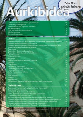 Graduen Gida I 107
Deustu,
goitik behera
Graduen Gida I 107
* Deustuko Unibertsitateak beretzat gordetzen du liburuxka honetan argitaratutako
alderdiei eragingo dieten aldaketak egiteko eskubidea.
* Edizioaren itxiera: 2014ko azaroa.
* De st ko Unibertsitateak beret at gordet en d lib r ka honetan argitarat tako
Unibertsitateari buruzko datu garrantzitsuak 108
Deustu ezagutzeko gakoak 110
Jaso ahalko dituzun laguntzak eta bekak 112
Sartzeko prozesua 114
Egun bat Deustuko Unibertsitatean 116
Bilboko campusa 118
Donostiako campusa 122
Graduak 127
Enpresen Administrazioa eta Zuzendaritza + Zuzendarien Aurrerabideko Programa 128
Enpresen Administrazioa eta Zuzendaritza 131
Enpresen Administrazioa eta Zuzendaritza + International Management Skills 132
Laneko eta Enplegu Publikoko Harremanak 134
Zuzenbidea 136
Zuzenbidea + Ekonomia Espezialitatea 138
Zuzenbidea + IKTen Zuzenbide Espezialitatea 138
Lehen Hezkuntza 139
Gizarte Hezkuntza 142
Psikologia 144
Jarduera Fisikoaren eta Kirolaren Zientziak 146
Turismoa 148
Gizarte Lana 150
Nazioarteko Harremanak 152
Hizkuntza Modernoak eta Kudeaketa 154
Hizkuntza Modernoak 156
Euskal Hizkuntza eta Kultura 158
Giza Zientziak 160
Komunikazioa 162
Teologia 164
Ingeniaritzak 166
Berrikuntzako eta Ekintzailetzako Espezializazioko Titulu Propioa 180
Gradu Bikoitzak 183
Zuzenbidea + Laneko eta Enplegu Publikoko Harremanak 184
Zuzenbidea + Komunikazioa 186
Nazioarteko Harremanak + Zuzenbidea 188
Euskal Hizkuntza eta Kultura + Hizkuntza Modernoak 190
Gizarte Hezkuntza + Gizarte Lana 192
Industria Diseinuko Ingeniaritza + Industria Ingeniaritza Teknikoa 196
Enpresen Administrazioa eta Zuzendaritza + Industri Teknologien Ingeniaritza 198
Enpresen Administrazioa eta Zuzendaritza + Informatikako Ingeniaritza 200
Enpresen Administrazioa eta Zuzendaritza + Zuzenbidea 202
Jarduera Fisikoaren eta Kirolaren Zientziak + Lehen Hezkuntza 205
 