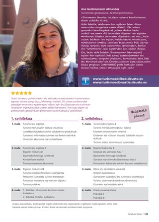 Graduen Gida I 149
1. seihilekoa 2. seihilekoa
1. maila Turismorako ingelesa I
Turismo merkatuaren egitura: eskaintza
Lurraldeari lotutako turismo baliabide eta produktuak
Turismoko informazio sistemak eta ikerketa teknikak
Oinarrizko ekonomia eta kontabilitatea
1. maila Turismorako ingelesa II
Turismo merkatuaren egitura: eskaria
Enpresen antolaketaren oinarriak
Ondareari eta kulturari lotutako baliabide eta pro-
duktuak
Turismo arloko administrazio zuzenbidea
2. maila Turismorako ingelesa III
Bigarren hizkuntza I
Espainiako helmuga turistikoak
Kontabilitate analisia
Turismo enpresaren ekonomia
2. maila Bigarren hizkuntza II
Ostatuak eta jatetxeak (hau.)
Nazioarteko helmuga turistikoak
Garraioa eta turismoko bitartekotza (hau.)
Pertsonaren balioei eta aukerei buruzko prestakuntza
3. maila Bigarren hizkuntza III
Turismo enpresen ﬁnantzen zuzendaritza
Pertsonen kudeaketa turismo enpresetan
Turismoko marketina eta marketin digitala
Turismo politikak
3. maila Biltzar eta ekitaldien kudeaketa
Hotelen zuzendaritza
Garraioaren kudeaketa eta turismoko bitartekotza
Turismo sistemaren kudeaketa adimenduna
Gizarteko eta lanbideko etika
4. maila 1. ibilbidea: eTurismoko berrikuntzarako
kudeaketa
2. ibilbidea: Hotelen kudeaketa
4. maila Gradu amaierako lana
Praktikak I
Praktikak II
Gradua eskuratzeko, ikasle guztiek ingeles orokorreko eta negozioetako ingeleseko maila egiaztatu behar dute.
Ikasketa planak aldaketak izan ditzake. Ikasle berrientzako erreferentziako programa.
Gradu honetan, profesionalekin eta sektoreko errealitatearekin harremanetan
egoteko aukera izango duzu, lehenengo mailatik. 50 urtetan profesionalak
prestatzen emandako esperientziak indartu egin ditu Deusturen eta turismoan
diharduten enpresa eta erakundeen arteko harremana. Hori islatu egiten da
profesionalek geletan duten presentzian eta lankidetzako praktiketan.
www.turismoabilbao.deusto.es
www.turismoadonostia.deusto.es
Ane Gaztelumendi Almandoz
Turismoko graduduna. 2014ko promozioa.
«Turismoko Gradua ikasteak aukera handietarako
ateak zabaldu dizkit.
Alde batetik, sektorean lan egiteko behar diren
oinarrizko ezagutzak eman dizkit. Eta askoz
garrantzi handiagokotzat jotzen dudan beste
zerbait ere eman dit, irakasten diguten lan egiteko
moduaren bitartez irakasten digutenaz ari naiz, hain
zuzen: taldean lan egiten, kalitaterako orientazioa,
xehetasunak arretaz zaintzea bezalakoak beti izango
ditugu gogoan gure eguneroko zereginetan, berdin
dio Turismoaren zein esparrutan lan egiten dugun.
Eta, beste alde batetik, Stavanger-en (Norvegian)
egiten den egotaldi bati esker, curriculumaren eta
curriculumaz kanpoko praktikei, lankidetza beka bati
eta Berrikuntzako eta Ekintzailetzako Espezializazioko
titulu propioan (iNNoVaNDiS) parte hartzeari esker,
lanean hastea askoz errazagoa egin zait.»
Ikasketa
plana
 