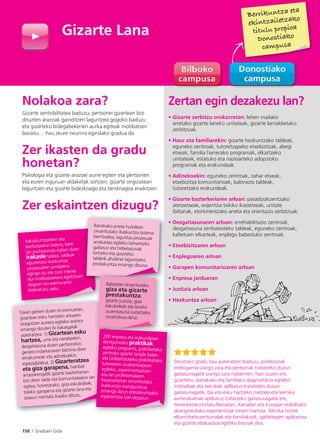 150 I Graduen Gida
Irakaskuntzarekin eta
ikerketarekin batera, bere
lan profesionala egiten duen
irakasle taldea; taldeak
eguneroko ikaskuntza
prozesuaren jarraipena
egingo du eta zure interes
eta motibazioetara egokituen
dagoen lan eremurantz
bideratuko zaitu.
Zertan egin dezakezu lan?
• Gizarte zerbitzu orokorretan: lehen mailako
arretako gizarte laneko unitateak, gizarte larrialdietako
zerbitzuak.
• Haur eta familiarekin: gizarte hezkuntzako taldeak,
eguneko zentroak, tutoretzapeko etxebizitzak, abegi
etxeak, familia harrerako programak, elkartzeko
unitateak, estatuko eta nazioarteko adopzioko
programak eta erakundeak.
• Adinekoekin: eguneko zentroak, zahar etxeak,
etxebizitza komunitarioak, balorazio taldeak,
tutoretzako erakundeak.
• Gizarte bazterkeriaren arloan: pasadizokoentzako
aterpetxeak, exijentzia txikiko ikastetxeak, unitate
ibiltariak, etorkinentzako arreta eta orientazio zerbitzuak.
• Desgaitasunaren arloan: errehabilitazio zentroak,
desgaitasuna zenbatesteko taldeak, eguneko zentroak,
kaltetuen elkarteak, enplegu babestuko zentroak.
• Etxebizitzaren arloan
• Enpleguaren arloan
• Garapen komunitarioaren arloan
• Enpresa jardueran
• Justizia arloan
• Hezkuntza arloan
Gizarte Lana
Deustuko gradu hau aukeratzen baduzu, profesional
eredugarria izango zara eta pertsonak tratatzeko duzun
gaitasunagatik izango zara nabarmen; hain zuzen ere,
gizarteko, banakako eta familiako diagnostikoa egiteko
metodoak eta teknikak aplikatuz tratatzeko duzun
gaitasunagatik, bai eta esku hartzeko metodo eta teknika
aurreratuenak aplikatuz tratatzeko gaitasunagatik ere,
Ameriketako Estatu Batuetan, Kanadan eta Europan erabilitako
abangoardiako esperientziak oinarri hartuta. Teknika horiek
elkarrizketa pertsonalak eta familiakoak, galdetegien aplikazioa
eta gizarte ebaluazioa egiteko tresnak dira.
Nolakoa zara?
Gizarte sentsibilitatea baduzu; pertsonei gizartean bizi
dituzten arazoak gainditzen laguntzea gogoko baduzu
eta gizarteko bidegabekerien aurka egiteak motibatzen
bazaitu… hau zeure neurrira egindako gradua da.
Zer ikasten da gradu
honetan?
Psikologia eta gizarte arazoei aurre egiten eta pertsonen
eta euren inguruan aldaketak sortzen; gizarte ongizatean
laguntzen eta gizarte bidezkoago eta berdinagoa eraikitzen.
Zer eskaintzen dizugu?
Eskari gehien duten bi eremuetan,
gizartean esku hartzeko arloaren
ezagutzan aurrera egiteko aukera
emango dizuten bi irakasgaiak
aukeratzea: 1) Gizartean esku
hartzea, ume eta nerabeekin,
desgaitasuna duten pertsonekin,
genero-indarkeriaren biktima diren
emakumeak eta adinekoekin
espezializatua. 2) Gizarteratzea
eta giza garapena, hainbat
arrazoirengatik gizarte bazterkerian
bizi diren talde eta komunitateekin lan
egitea; horretarako, giza eskubideak,
tokiko garapena eta gizarte lana eta
osasun mentala ikasiko dituzu.
n
Banakako arreta hurbilean
oinarritutako ikaskuntza sistema
berritzailea, laguntza prozesuak
arrakastaz egiteko beharrezko
gaitasun eta trebetasunak
lortzeko eta gizarteko
talderik ahulenei laguntzeko
prestakuntza emango dizuna.
Balioetan oinarritutako
giza eta gizarte
prestakuntza,
gizarte justizia, giza
eskubideak eta laneko
zuzentasuna sustatzeko
oinarrizkoa dena.
an
,
200 enpresa eta erakundetan
derrigorrezko praktikak
egiteko programa, praktiketako
zentroko gizarte langile baten
eta Unibertsitateko praktiketako
tutorearen ikuskaritzapean
egiteko, esperimentazioan
eta lan profesionalaren
hausnarketan oinarritutako
ikaskuntza esanguratsua
emango dizun prestakuntzako
esperientzia izan dezazun.
Berrikuntza eta
ekintzailetzako
titulu propioa
Donostiako
campusa
 