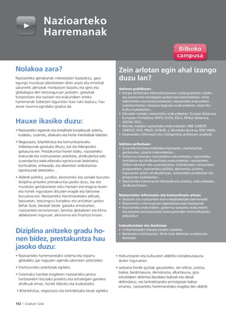 152 I Graduen Gida
Nolakoa zara?
Nazioarteko gertakariak interesatzen bazaizkizu, gaur
egungo munduan planteatzen diren arazo eta erronkak
sakonetik ulertzeak motibatzen bazaitu eta gero eta
globalagoa den testuinguruan jarduten, gatazkak
konpontzen eta nazioen eta erakundeen arteko
harremanak hobetzen laguntzen ikasi nahi baduzu, hau
zeure neurrira egindako gradua da.
Hauxe ikasiko duzu:
• Nazioarteko egoerak eta errealitate konplexuak aztertu,
kudeatu, zuzendu, ebaluatu eta horiei irtenbideak bilatzen.
• Negoziazio, bitartekotza eta komunikaziorako
trebetasunak garatuko dituzu, bai eta lidergorako
gaitasuna ere. Prestakuntza honen bidez, nazioarteko
erakunde eta instituzioetan azterketa, aholkularitza edo
zuzendaritza exekutiborako eginkizunak betetzeko,
kontsuletxe, enbaxada, eta abarretan ordezkaritza
eginkizunak betetzeko…
• Alderdi politiko, juridiko, ekonomiko eta sozialei buruzko
diziplina anitzeko prestakuntza jasoko duzu, bai eta
munduko gertakarietan esku hartzen eta eragina duten
eta horiek inguratzen dituzten eragile eta faktoreei
buruzkoa ere. Nazioarteko Harremanetako adituek,
batzuetan, testuinguru konplexu eta anitzetan jardun
behar dute, besteak beste: gatazka armatuetan,
nazioarteko terrorismoan, berotze globalaren eta klima
aldaketaren inguruan, ekonomia eta ﬁnantza krisian…
Diziplina anitzeko gradu ho-
nen bidez, prestakuntza hau
jasoko duzu:
• Nazioarteko harremanetako sistema eta esparru
globaleko gai nagusien agenda sakonean aztertzeko.
• Etorkizuneko azterketak egiteko.
• Sistemako hainbat eragileren nazioarteko jarrera
hartzearekin lotutako proiektu eta estrategien gaineko
aholkuak eman, horiek lideratu eta kudeatzeko.
• Bitartekotza, negoziazio eta lankidetzako lanak egiteko.
• Hizkuntzaren eta kulturaren aldetiko konplexutasuna
duten inguruetan.
• Jarduera horiek guztiak gauzatzeko, sen etikoz, justizia,
bakea, berdintasuna, demokrazia, elkartasuna, giza
eskubideen defentsa bezalako balioak eta ideiak
defendatuz, eta lankidetzarako printzipioari balioa
emanez, nazioarteko harremanetako eragilea den aldetik.
Nazioarteko
Harremanak
Zein arlotan egin ahal izango
duzu lan?
Sektore publikoan:
• Kanpo Zerbitzuko Administrazioaren maila guztietan: tokiko
eta autonomia erkidegoko gobernuko kabineteetan, misio
diplomatiko eta kontsul etxeetan; nazioarteko erakundeen
ordezkaritzetan, kanpora begirako erakundeetan, atzerriko
kultur kudeaketan...
• Eskualde mailako nazioarteko erakundeetan: Europar Batasuna,
Europako Kontseilua, NATO, ELGA, ESLA, Afrikar Batasuna,
ASEAN, SICA...
• Mundu mailako nazioarteko erakundeetan: NBE (UNICEF,
UNESCO, FAO, PNUD, ACNUR...), Munduko Bankua, NDF, MMA...
• Estatuetako informazio eta inteligentzia zerbitzuen analistak
Sektore pribatuan:
• Zuzendaritza batzordekidea enpresetan, merkataritza
ganberetan, gizarte erakundeetan...
• Gobernuz kanpoko nazioarteko erakundeetan, nazioarteko
lankidetza eta aholkularitzako erakundeetan: nazioarteko
GKEen teknikari edo zuzendaritzan, lankidetzako nazioarteko
programetan, nazioarteko politika, ekonomia, turismo,
ingurumen arloko aholkularitzan, nazioarteko proiektuen eta
programen kudeaketan...
• Nazioarteko harremanen ikertzaile eta analista, erakundeetan,
aholkularitzetan...
Nazioarteko informazio eta komunikazio arloan
• Estatuko eta nazioarteko komunikabideetako berriemaile
• Nazioarteko informazioan espezializatutako kazetariak
• Nazioarteko erakundeen, gobernuz kanpoko erakundeen
eta enpresa eta korporazio transnazionalen komunikazioko
arduradun
Irakaskuntzan eta ikerketan
• Unibertsitateko irakaskuntzako irakaslea
• Ikerketako institutuetan, think tank delakoen analista eta
ikertzaile
 