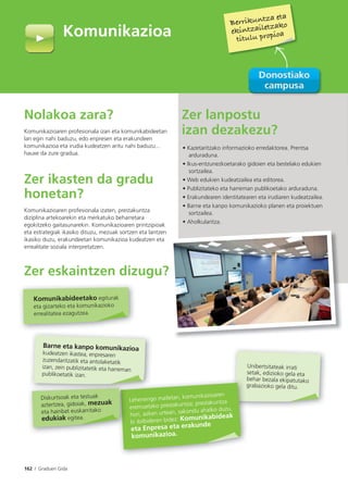 162 I Graduen Gida
Nolakoa zara?
Komunikazioaren profesionala izan eta komunikabideetan
lan egin nahi baduzu, edo enpresen eta erakundeen
komunikazioa eta irudia kudeatzen aritu nahi baduzu...
hauxe da zure gradua.
Zer ikasten da gradu
honetan?
Komunikazioaren profesionala izaten, prestakuntza
diziplina artekoarekin eta merkatuko beharretara
egokitzeko gaitasunarekin. Komunikazioaren printzipioak
eta estrategiak ikasiko dituzu, mezuak sortzen eta lantzen
ikasiko duzu, erakundeetan komunikazioa kudeatzen eta
errealitate soziala interpretatzen.
Zer eskaintzen dizugu?
Zer lanpostu
izan dezakezu?
• Kazetaritzako informazioko erredaktorea. Prentsa
arduraduna.
• Ikus-entzunezkoetarako gidoien eta bestelako edukien
sortzailea.
• Web edukien kudeatzailea eta editorea.
• Publizitateko eta harreman publikoetako arduraduna.
• Erakundearen identitatearen eta irudiaren kudeatzailea.
• Barne eta kanpo komunikazioko planen eta proiektuen
sortzailea.
• Aholkularitza.
Komunikazioa
Komunikabideetako egiturak
eta gizarteko eta komunikazioko
errealitatea ezagutzea.
Barne eta kanpo komunikazioa
kudeatzen ikastea, enpresaren
zuzendaritzatik eta antolaketatik
izan, zein publizitatetik eta harreman
publikoetatik izan.
Berrikuntza eta
ekintzailetzako
titulu propioa
Unibertsitateak irrati
setak, edizioko gela eta
behar bezala ekipatutako
grabazioko gela ditu.
b
g
Lehenengo mailetan, komunikazioaren
eremuetako prestakuntza; prestakuntza
hori, azken urtean, sakondu ahalko duzu,
bi ibilbideren bidez: Komunikabideak
eta Enpresa eta erakunde
komunikazioa.
Diskurtsoak eta testuak
aztertzea, gidoiak, mezuak
eta hainbat euskarritako
edukiak egitea.
 