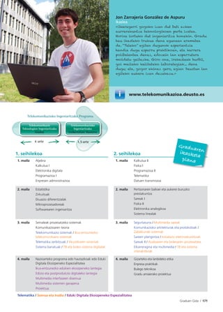 Graduen Gida I 171
1. seihilekoa 2. seihilekoa
1. maila Aljebra
Kalkulua I
Elektronika digitala
Programazioa I
Enpresen administrazioa
1. maila Kalkulua II
Fisika I
Programazioa II
Telematika
Datuen transmisioa
2. maila Estatistika
Zirkuituak
Ekuazio diferentzialak
Mikroprozesadoreak
Softwarearen ingeniaritza
2. maila Pertsonaren balioei eta aukerei buruzko
prestakuntza
Sareak I
Fisika II
Elektronika analogikoa
Sistema linealak
3. maila Seinaleak prozesatzeko sistemak
Komunikazioaren teoria
Telekomunikazio sistemak / Ikus-entzunezko
telekomunikazio sistemak
Telematika zerbitzuak / Akustikaren oinarriak
Sistema banatuak / TB eta bideo sistema digitalak
3. maila Segurtasuna / Multimedia sareak
Komunikazioko arkitekturak eta protokoloak /
Zabalkunde sistemak
Sareen plangintza / Instalazio elektroakustikoak
Sareak II / Audioaren eta bideoaren prozesatzea
Elkarreragina eta multimedia / TB eta sistema
interaktiboak
4. maila Nazioarteko programa edo hautazkoak edo Eduki
Digitala Ekoizpeneko Espezialitatea
Ikus-entzunezko edukien ekoizpeneko lantegia
Edizio eta postprodukzio digitaleko lantegia
Multimedia interfazeen diseinua
Multimedia sistemen garapena
Proiektua
4. maila Gizarteko eta lanbideko etika
Enpresa praktikak
Bulego teknikoa
Gradu amaierako proiektua
Telematika / Soinua eta Irudia / Eduki Digitala Ekoizpeneko Espezialitatea
Graduarenikasketa
plana
Jon Zarrajeria González de Aspuru
Ikaslea
«Ikaragarri gogoko izan dut beti azken
aurrerakuntza teknologikoen parte izatea.
Horixe lortuko dut ingeniaritza honekin. Gradu
hau ikasteko trukua dena egunean eramatea
da. “Teleko” egiten dugunok esperientzia
handia dugu esparru praktikoan, eta karrera
polibalentea denez, edozein lan esparrutara
moldatu gaitezke. Giro ona, irakasleak hurbil,
goi mailako kalitateko laborategiak... dena
dugu; eta, gogor ekinez gero, agian Deustun lan
egiteko aukera izan dezakezu.»
www.telekomunikazioa.deusto.es
1,5 urte4 urte
Telekomunikazioko Ingeniaritzako Programa
Telekomunikazio
Teknologien Ingeniaritzako
Gradua
Telekomunikazioko
Ingeniaritzako
Unibertsitate Masterra
 