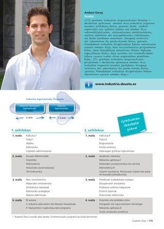Graduen Gida I 173
Andoni Garay
Ikaslea
«ITI graduko Industria Ingeniaritzako Gradua +
Masterrak gaitasuna ematen dizu industria ingeniari
lanetan jarduteko, baina, gainera, beste zenbait
esparrutan lan egiteko aukera ere ematen dizu:
automobilgintzaren, eraikuntzaren, elektronikaren,
sektore elektriko eta energetikoaren, robotikaren,
eta beste hainbaten munduan. Ikuspegi orokorra
eta zeharkakoa du gradu honek; baina, gainera,
Fakultateak industria diziplinetako batean sakontzeko
aukera ematen digu, dela nazioartekotze programaren
bidez, dela Fakultateak eskaintzen dituen diploma
espeziﬁkoen bidez, dela sarritan lan kontratu baten
lotura zuzena izaten diren enpresetako praktiken
bidez. ITI graduko Industria Ingeniaritzako
programak + Masterrak gaitasuna ematen dizu
industria ingeniari lanetan jarduteko. Ikuspegi
orokorra eta zeharkakoa du gradu honek; baina,
gainera, Fakultateak industria diziplinetako batean
sakontzeko aukera ematen digu.»
www.industria.deusto.es
1. seihilekoa 2. seihilekoa
1. maila Kalkulua I
Fisika I
Aljebra
Elektronika
Enpresen administrazioa
1. maila Kalkulua II
Fisika II
Programazioa
Kimika orokorra
Adierazpen grafikoa ingeniaritzan
2. maila Ekuazio diferentzialak
Estatistika
Elektroteknia
Industriako automatizazioa
Termodinamika
2. maila Jariakinen mekanika
Mekanika aplikatua I
Materialen prozesamendua eta zientzia
Elektroteknia II
Gaiaren hautazkoa Pertsonaren balioei eta auke-
rei buruzko prestakuntza
3. maila Bero transferentzia
Materialen erresistentzia
Zenbakizko metodoak
Elektronika analogikoa
Makina elektrikoak
3. maila Proiektuen kudeaketako bulegoa
Ekoizpenaren antolaketa
Produkzio sistema integratuak
Kontrol sistemak
Potentziako elektronika
4. maila Bi aukera:
• Industria adarrarekin bat datozen hautazkoak
• Nazioarteko mugikortasuneko programa
4. maila Gizarteko eta lanbideko etika
Energiaren eta ingurumenaren teknologia
Mekanika aplikatua II
Gradu amaierako proiektua
* Ikasketa Plana oraindik alda daiteke. Erreferentziazko programa da ikasle berrientzat.
Graduaren
ikasketa
plana
1,5 urte4 urte
Industria Ingeniaritzako Programa
Industria Teknologien
Ingeniaritzako
Gradua
Industria
Ingeniaritzako
Unibertsitate Masterra
 