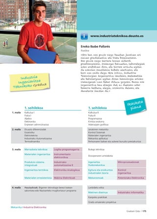 Graduen Gida I 175
1. seihilekoa 1. seihilekoa
1. maila Kalkulua I
Fisika I
Aljebra
Elektronika
Enpresen adminiztrazioa
Kalkulua II
Fisika II
Programazioa
Kimika orokorra
Adierazpen graﬁkoa
2. maila Ekuazio diferentzialak
Estatistika
Elektroteknia
Industriako Automatizazioa
Termodinamika
Jariakinen mekanika
Kontrol Sistemak
Materialen ingeniaritza
Mekanika aplikatua
Pertsonaren balioei eta aukerei buruzko prestakuntza
3. maila Marrazketa teknikoa Logika programagarria Bulego teknikoa
Materialen ingeniaritza Instrumentazio
elektronikoa
Ekoizpenaren antolaketa
Produkzio sistema
integratuak
Industriako
automatizazioa II
Ingeniaritza
ﬂuidomekanikoa
Mikroprozesadoreak
Ingeniaritza termikoa Elektronika Analogikoa Egitura eta eraikuntza
industrialen teoria
Kontrol
ingeniaritza
Materialen erresistentzia Makina Elektrikoak Mekanismoak Potentziako Elektronika
4. maila Hautazkoak: Bigarren teknologia berezi batean
sakontzea edo Nazioarteko mugikortasun programa
Lanbideko etika
Makinen diseinua Industriako informatika
Kanpoko praktikak
Gradu amaierako proyektua
Mekanika / Industria Elektronika
Ikasketa
plana
Industria
Ingeniaritza
Teknikoko Gradua
Eneko Ibabe Pallarés
Ikaslea
«Oro har, oso pozik nago Deustun jasotzen ari
naizen prestakuntza eta tratu bikainarekin.
Oso pozik nago karrera honen alderdi
praktikoarekin. Irakasgai batzuetan, laborategiak
asko erabiltzen dira, eta horrek erraztu egiten
du eskolan ikusitakoa hobeto ulertzeko, eta
hori oso ondo dago. Nire iritziz, Industria
Teknologien Ingeniaritza ikasteko, matematika
eta batxilergoan egiten diren teknologia arloko
irakasgaiak izan behar dituzu gogoko. Baina nik
ingeniaritza hau atsegin dut, ez duelako adar
bakarra helburu, alegia, orokorra delako, eta
denetarik ikasten da.»
www.industriateknikoa.deusto.es
 