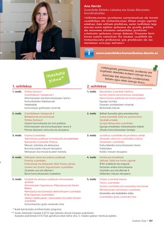 Graduen Gida I 187
Ana Herrán
Zuzenbide Zibileko irakaslea eta Gradu Bikoitzeko
koordinatzailea
«Informazioaren gizartearen aurrerakuntzak eta horrek
zuzenbidean eta komunikazioan dituen eragin ugariek
eskatzen dute adituak prestatzea, euren lanbidean lege
arazoei aurre egiteko gaitasuna eta gizarte, politika
eta ekonomia arloetako aktualitatea juridikoki
aztertzeko gaitasuna izango dutenak. Programa berri
honek aukera eskaintzen die ikasleei zuzenbide eta
komunikazioko profesional gisa prestatzeko eta lan
merkatuan errazago sartzeko.»
1. seihilekoa 2. seihilekoa
1. maila Politika Zientzia I
Zuzenbidearen hastapenak I
Informazioaren eta komunikazioaren teoria I
Komunikatzeko trebetasunak
Hedabideak
Komunikazio graﬁkoaren oinarriak
1. maila Nazioarteko Zuzenbide Publikoa
Iturrien sistema eta konstituzio eskubideak
Administrazio publikoak eta horien jarduera
Egungo mundua
Enpresen antolaketaren oinarriak
Multimedia tresnak
2. maila Zuzenbidearen hastapenak II
Betebeharrak eta kontratuak
Politika Zientzia II
Gizarte komunikazioa eta iritzi publikoa
Informazioaren eta komunikazioaren teoria II
Prentsa idatziaren sorkuntza eta ekoizpena
2. maila Balioei buruzko giza prestakuntza
Euskal zuzenbide zibila eta autonomikoa
Eskubide errealak
Europar Batasuneko zuzenbidea
Egungo errealitatea interpretatzeko bideak
Ahozko komunikazioaren lantegia
3. maila Enpresa Zuzenbidea
Administrazio publikoen kontratazioak eta baliabideak
Nazioarteko Zuzenbide Pribatua
Mezuen azterketa eta ebaluazioa
Ikus-entzunezko mezuen ekoizpena
Merkatuen eta entzule-ikusleen ikerketa
3. maila Jurisdikzio zuzenbidea eta prozedura zibilak
Zehatzeko ahala eta zuzenbideko estatua
Sozietateen zuzenbidea
Erakundeetako komunikazioaren teoria
Publizitatea
Irratiko mezuen ekoizpena
4. maila Delituaren teoria eta ondorio juridikoak
Finantza zuzenbidea
Errekurtsoak eta betearazte zibila Prozesu penala
Lanaren eta Gizarte Segurantzaren zuzenbidea
Gizarteko auzi eta dilemak I
Barne komunikazioaren kudeaketa
4. maila Familia eta oinordetzak
Delituak, faltak eta horien zigorrak
IKTen erabilerak eta eraginak
Pertsonen arteko komunikazioa
Gizarteko auzi eta dilemak II
Weberako mezuen ekoizpena
5. maila Eskubide eta askatasun publikoak informazioaren
gizartean
Informazioaren Segurtasuna, Pribatutasuna eta Datuen
Babesa
Merkataritza eta kontratazio elektronikoaren zuzenbidea
IKTak Espainiako Zuzenbidean
Jabetza intelektualaren, industrialaren eta sareko lehiaren
zuzenbidea
Komunikazioko gradu amaierako lana
5. maila Ondare zuzenbide berezia
Tributu zuzenbidea
Gizarte zuzenbidea eta nazioarteko kontratuak
Merkataritzako kontratazio zuzenbidea
Gizarteko eta lanbideko etika
Zuzenbideko gradu amaierako lana
* Ikasle berrientzako erreferentziako programa.
** Gradu bikoitzeko ikasleek 6 ECTS egin beharko dituzte kanpoko praktiketan.
Kanpoko praktiketako 6 ECTSak gaindituta eduki behar dira, 5. mailako gaietan matrikula egiteko.
www.zuzenbidea-komunikazioa.deusto.es
hilekoa
Irakasgaiak gaztelaniaz, euskaraz eta
ingelesez ikasteko aukera izango duzu.Seihileko bat atzerriko unibertsitatebatean egin ahal izango duzu.
Ikasketa
Ikasketa
plana*plana*
 