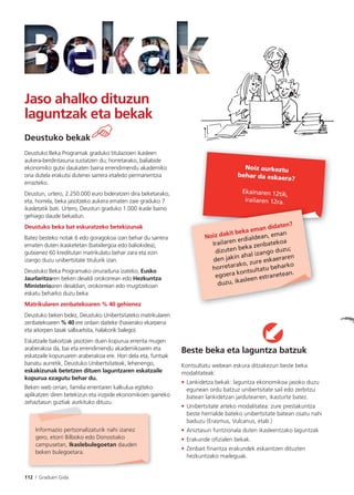 112 I Graduen Gida
Noiz dakit beka eman didaten?
Irailaren erdialdean, eman
dizuten beka zenbatekoa
den jakin ahal izango duzu;
horretarako, zure eskaeraren
egoera kontsultatu beharko
duzu, ikasleen estranetean.
Noiz aurkeztu
behar da eskaera?
Ekainaren 12tik,
irailaren 12ra.
Informazio pertsonalizaturik nahi izanez
gero, etorri Bilboko edo Donostiako
campusetan, Ikaslebulegoetan dauden
beken bulegoetara.
Jaso ahalko dituzun
laguntzak eta bekak
Deustuko bekak
Deustuko Beka Programak graduko titulazioen ikasleen
aukera-berdintasuna sustatzen du; horretarako, baliabide
ekonomiko gutxi daukaten baina errendimendu akademiko
ona dutela erakutsi dutenei sarrera eta/edo permanentzia
errazteko.
Deustun, urtero, 2.250.000 euro bideratzen dira beketarako,
eta, horrela, beka jasotzeko aukera ematen zaie graduko 7
ikasletatik bati. Urtero, Deustun graduko 1.000 ikasle baino
gehiago daude bekadun.
Deustuko beka bat eskuratzeko betekizunak
Batez besteko notak 6 edo goragokoa izan behar du sarrera
ematen duten ikasketetan (batxilergoa edo baliokidea),
gutxienez 60 kreditutan matrikulatu behar zara eta ezin
izango duzu unibertsitate titulurik izan.
Deustuko Beka Programako onuraduna izateko, Eusko
Jaurlaritzaren beken deialdi orokorrean edo Hezkuntza
Ministerioaren deialdian, orokorrean edo mugitzekoan
eskatu beharko duzu beka.
Matrikularen zenbatekoaren % 40 gehienez
Deustuko beken bidez, Deustuko Unibertsitateko matrikularen
zenbatekoaren % 40 ere ordain daiteke (hasierako ekarpena
eta aitorpen tasak salbuetsita, halakorik balego).
Eskatzaile bakoitzak jasotzen duen kopurua errenta mugen
araberakoa da, bai eta errendimendu akademikoaren eta
eskatzaile kopuruaren araberakoa ere. Hori dela eta, funtsak
banatu aurretik, Deustuko Unibertsitateak, lehenengo,
eskakizunak betetzen dituen laguntzaren eskatzaile
kopurua ezagutu behar du.
Beken web orrian, familia errentaren kalkulua egiteko
aplikatzen diren betekizun eta irizpide ekonomikoen gaineko
zehaztasun guztiak aurkituko dituzu.
Beste beka eta laguntza batzuk
Kontsultatu webean eskura ditzakezun beste beka
modalitateak:
• Lankidetza bekak: laguntza ekonomikoa jasoko duzu
egunean ordu batzuz unibertsitate sail edo zerbitzu
batean lankidetzan jardutearren, ikasturte batez.
• Unibertsitate arteko modalitatea: zure prestakuntza
beste herrialde bateko unibertsitate batean osatu nahi
baduzu (Erasmus, Vulcanus, etab.)
• Aniztasun funtzionala duten ikasleentzako laguntzak
• Erakunde ofizialen bekak.
• Zenbait finantza erakundek eskaintzen dituzten
hezkuntzako maileguak.
 